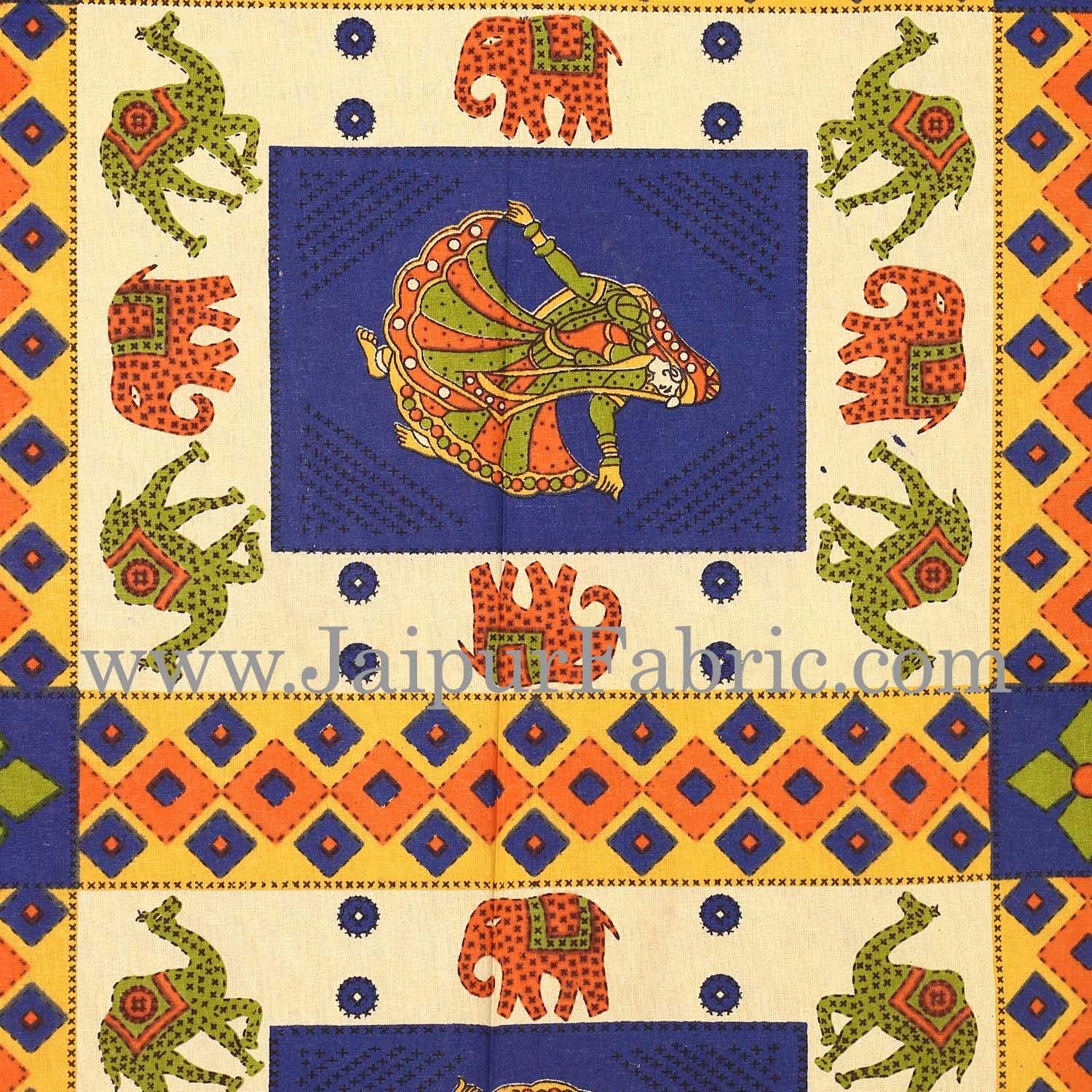 Blue Border  Cream Base Camel And Elephant With Dancing Doll Diwan Set