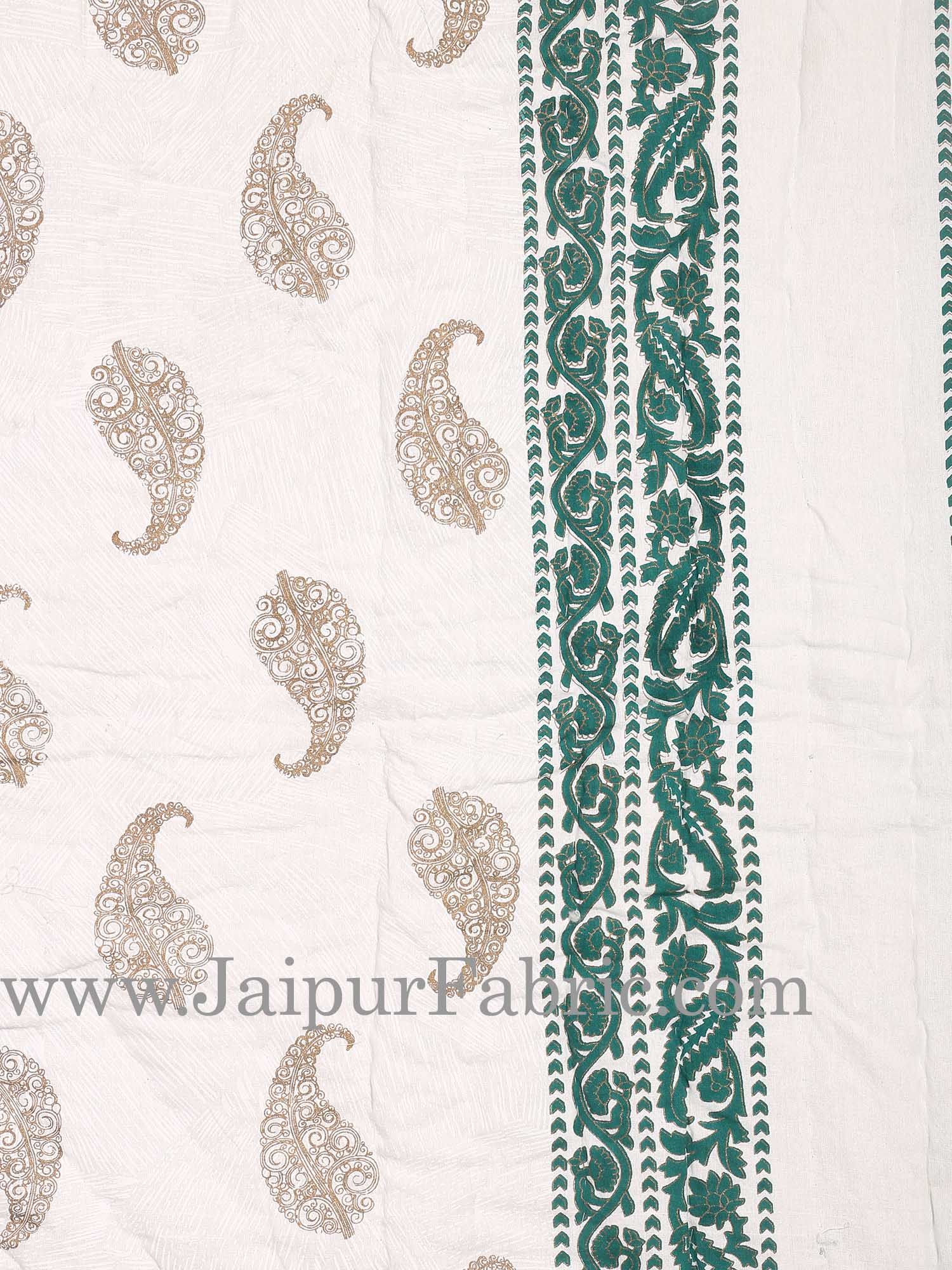 Green  Border With Cream Base Golden Paisley Booti Print Both Side Printed Cotton Double Quilt