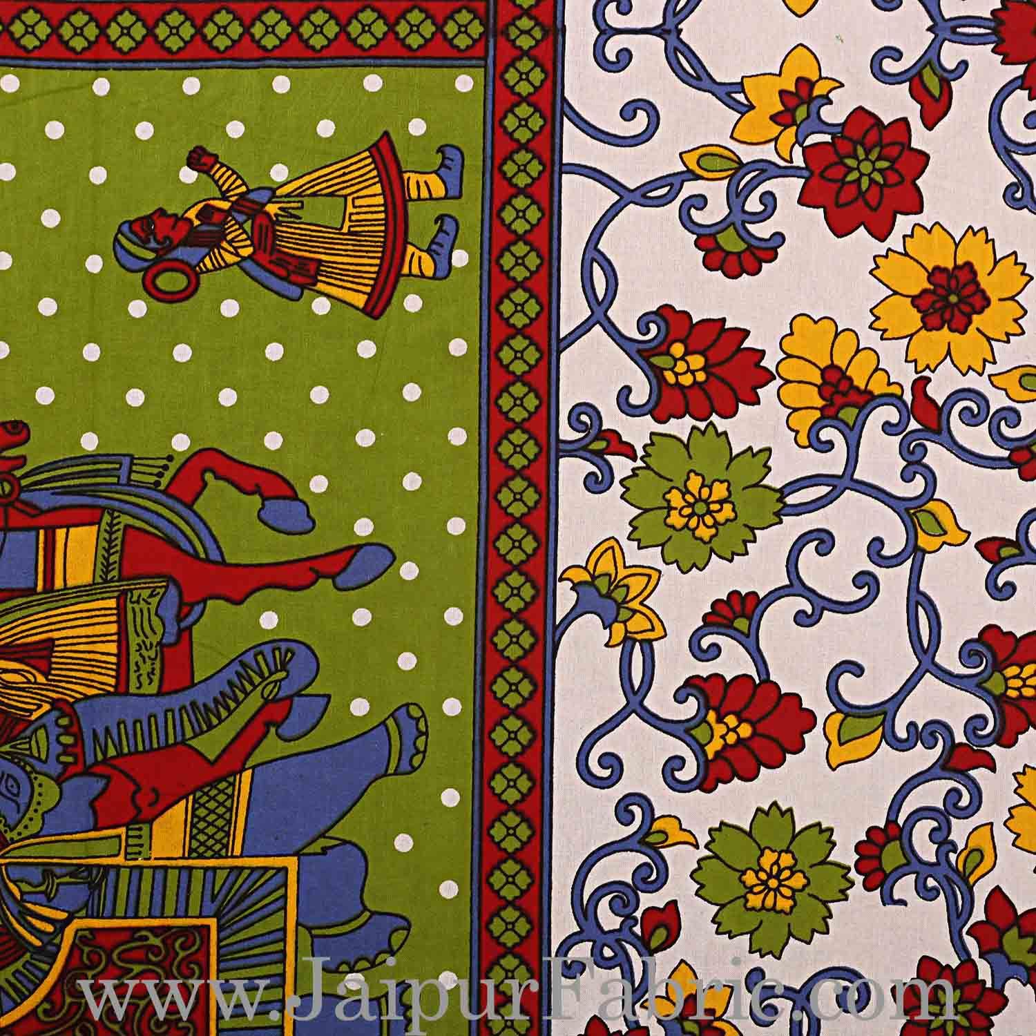 Double Bedsheet Green Border Gangaur Print Fine Cotton With Two Pillow Cover