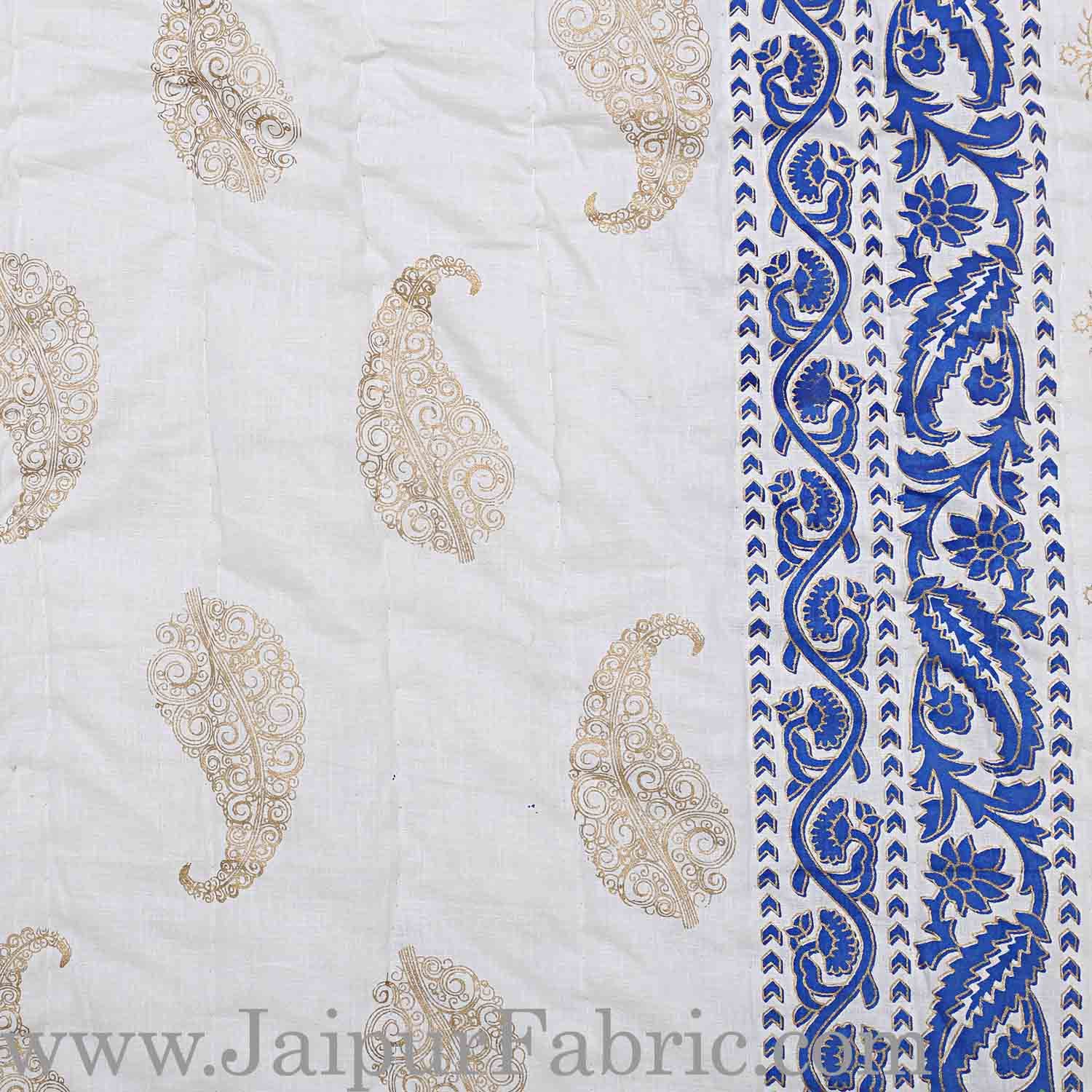 Jaipuri Printed Double Bed Razai Golden Light Blue White base with Paisley pattern