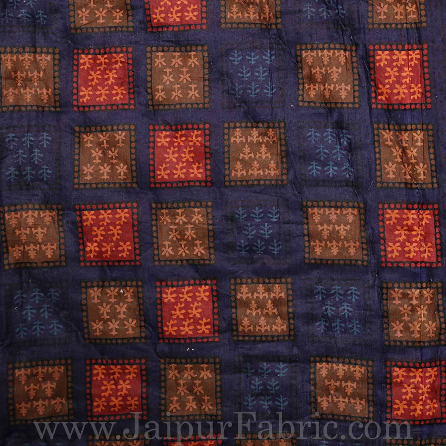 Jaipuri Razai/Quilt Blue Color Check Dabu Print Fine Cotton