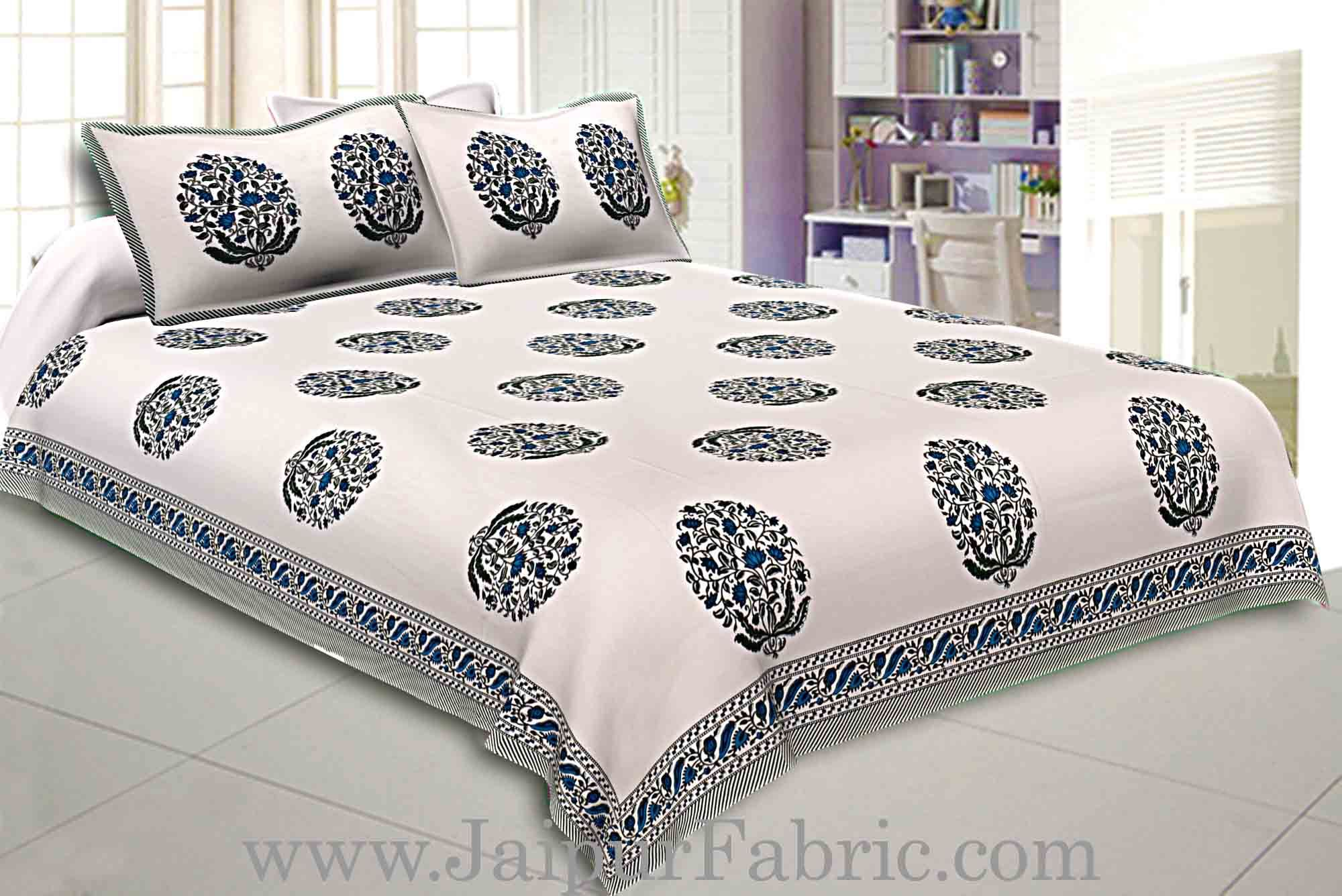 Double Bedsheet Grey  Border  Fine Cotton Blue Floral  Print