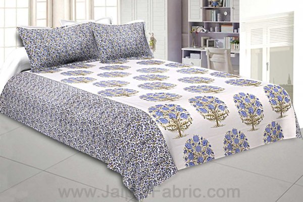 Double Bedsheet Gray Blue Floral Tree Print