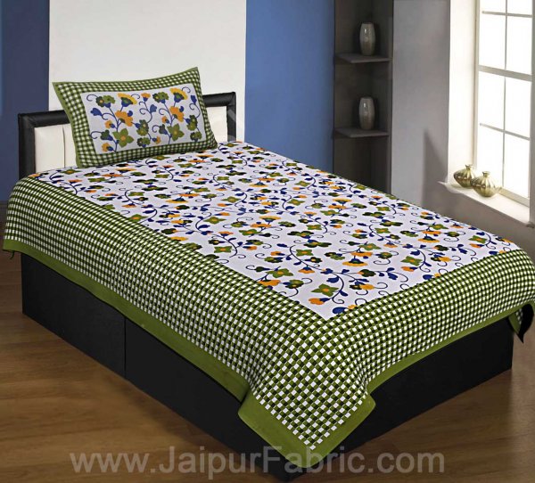 Floral Single Bedsheet Green Color Dotted Border with 1 Pillow Cover