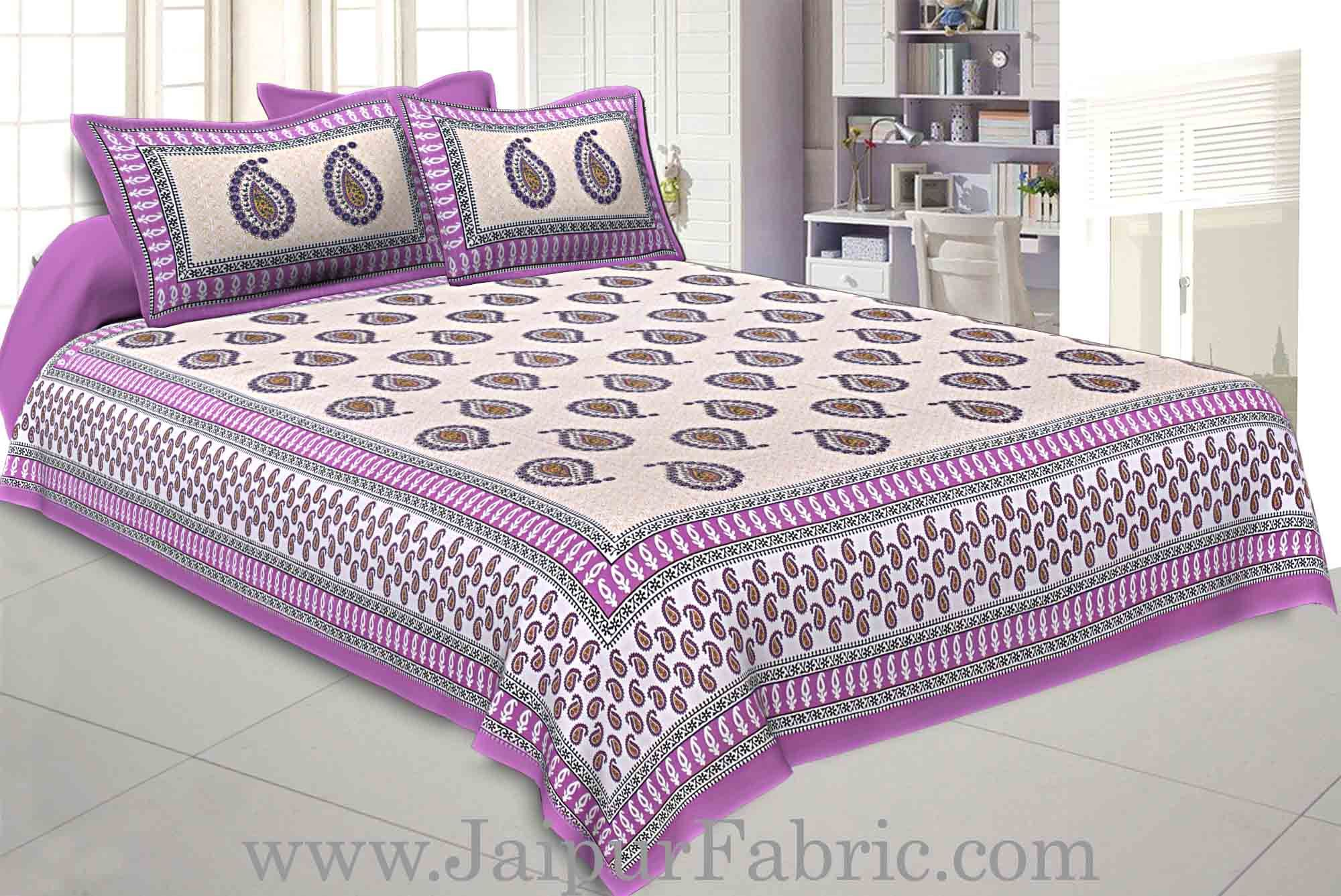 Double bedsheet Purple Border With Paisley Print Fine Cotton With Two Pillow Cover