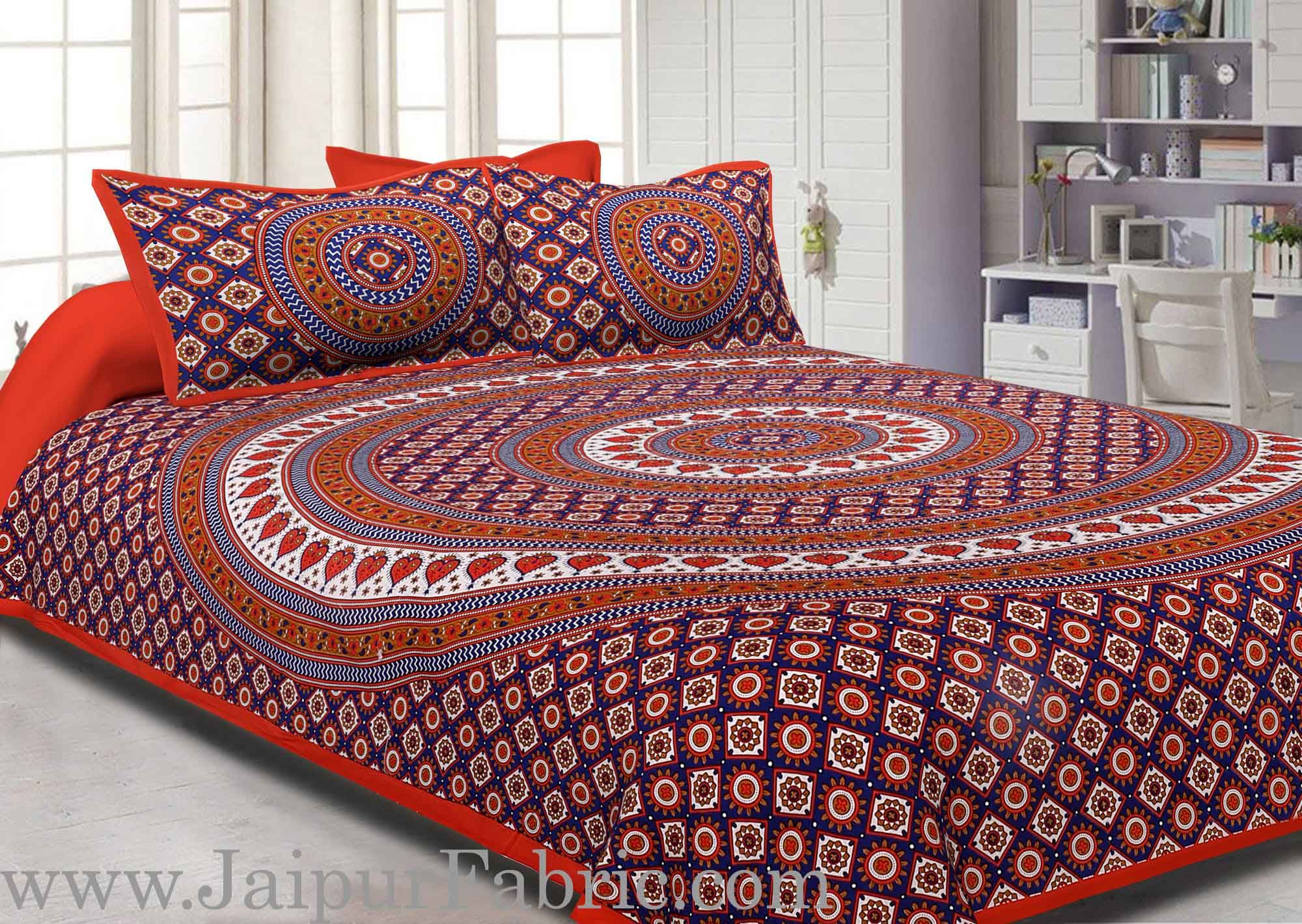 Orange Border Sanganeri Print Cotton Double Bed Sheet With 2 Pillow Cover