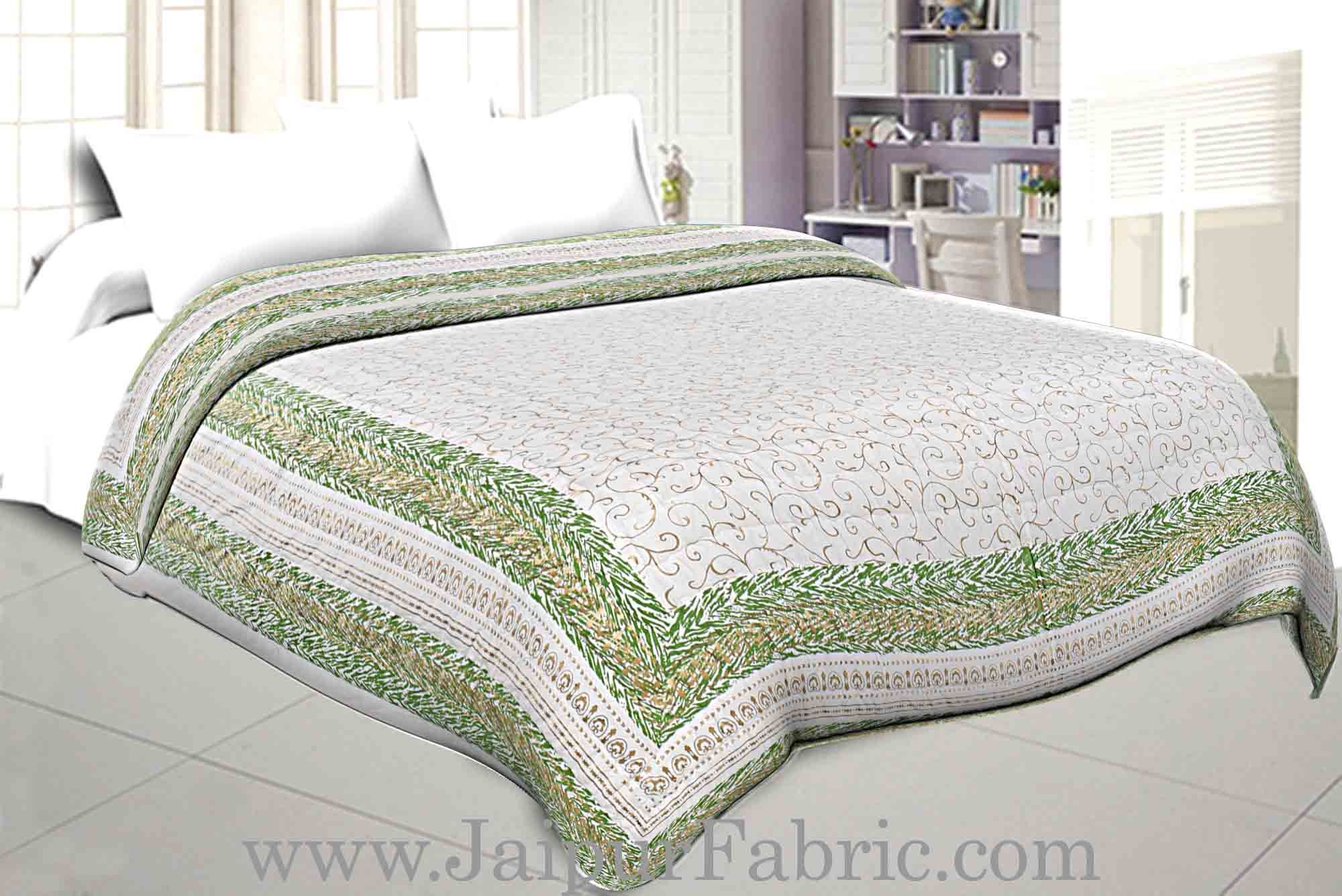 Jaipuri Printed Double Bed Razai Golden  Green White base with Jall pattern