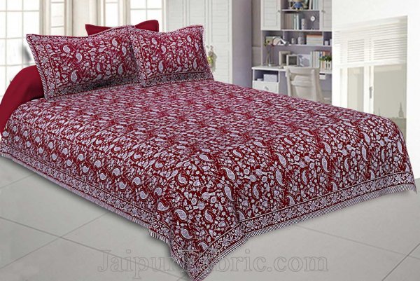 Double Bedsheet Maroon Red Paisley Floral Pattern