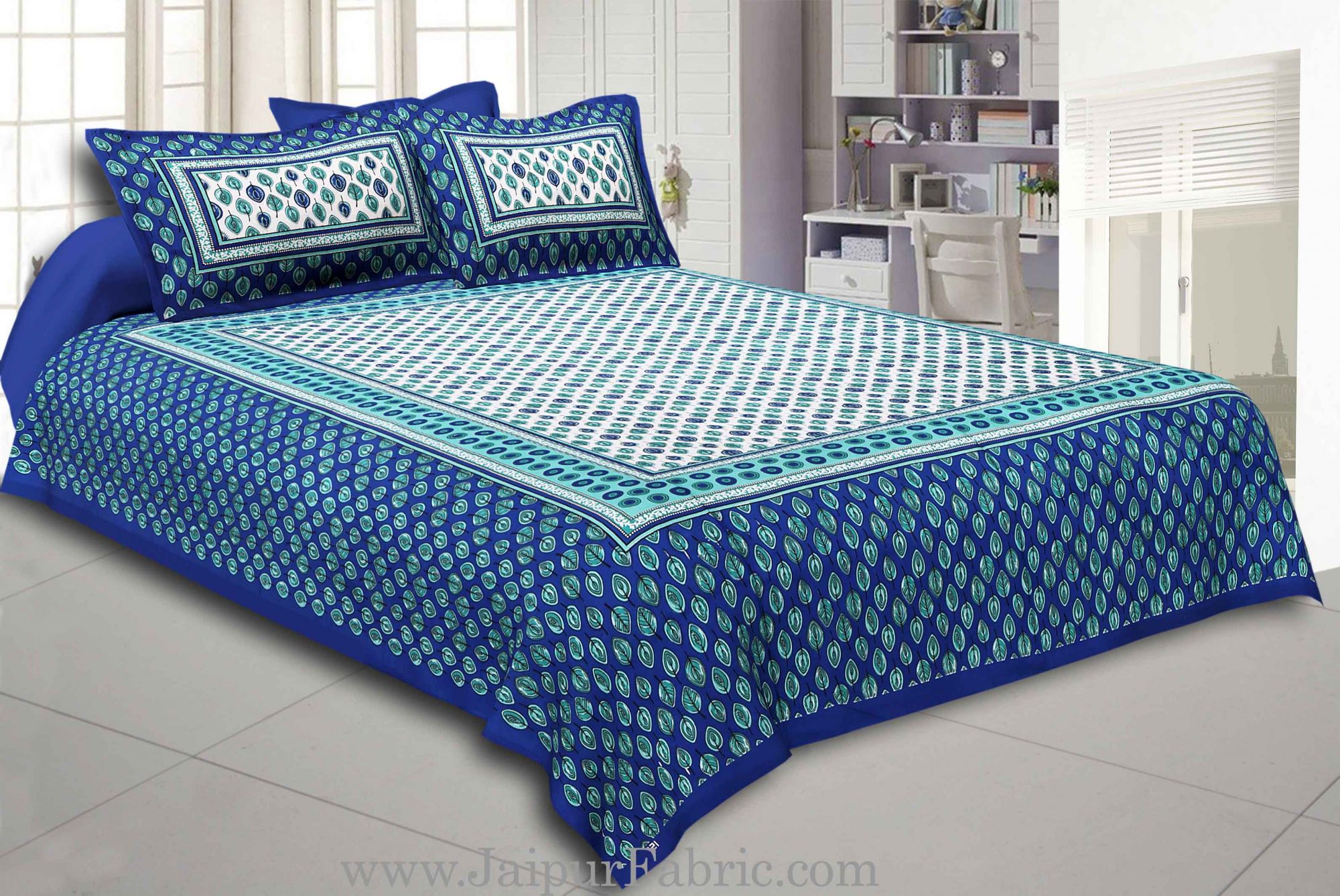 Blue Border Leaf Pattern Screen Print Cotton Double Bed Sheet
