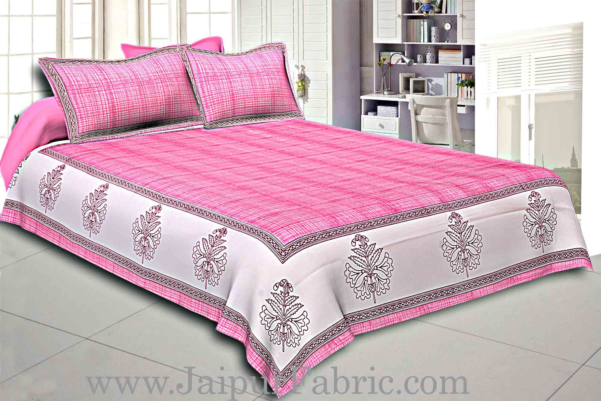 Pink Border With Cream And Pink Base Cotton Satin Hand Block Double Bedsheet