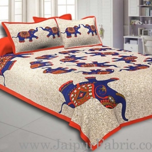 Orange  Border Elephant in Round Shape Cotton Double Bedsheet
