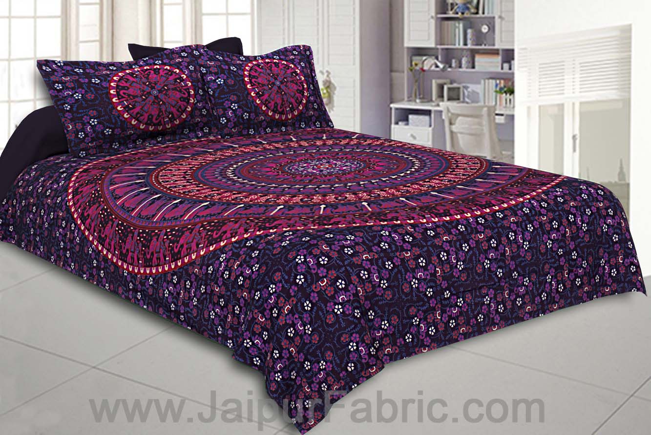 Violet Mandala Bedsheet Tapestry Floral Print With 2 Pillow Covers