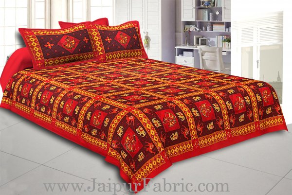 Maroon Border Maroon Base Gujri Dance In Square Pattern Cotton Double Bed Sheet