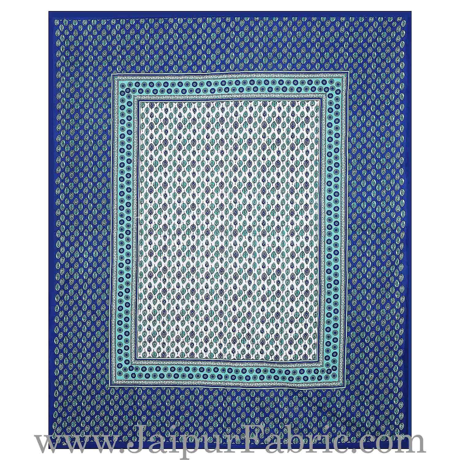 Blue Border Leaf Pattern Screen Print Cotton Double Bed Sheet