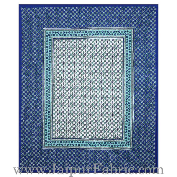 Blue Base leaf and circles Printed Cotton Double Bed Sheet