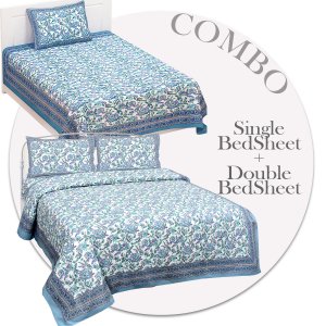 COMBO365 Beautiful Blue Ethnic Combo Set of 1 Single and 1 Double Bedsheet With 3 Pillow Cover