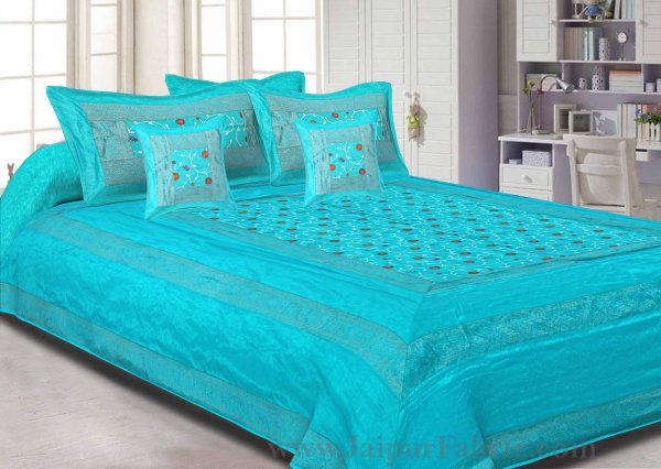 Firozi Base With Zari  Border Silk Embroidery And Silk  Double Bedsheet