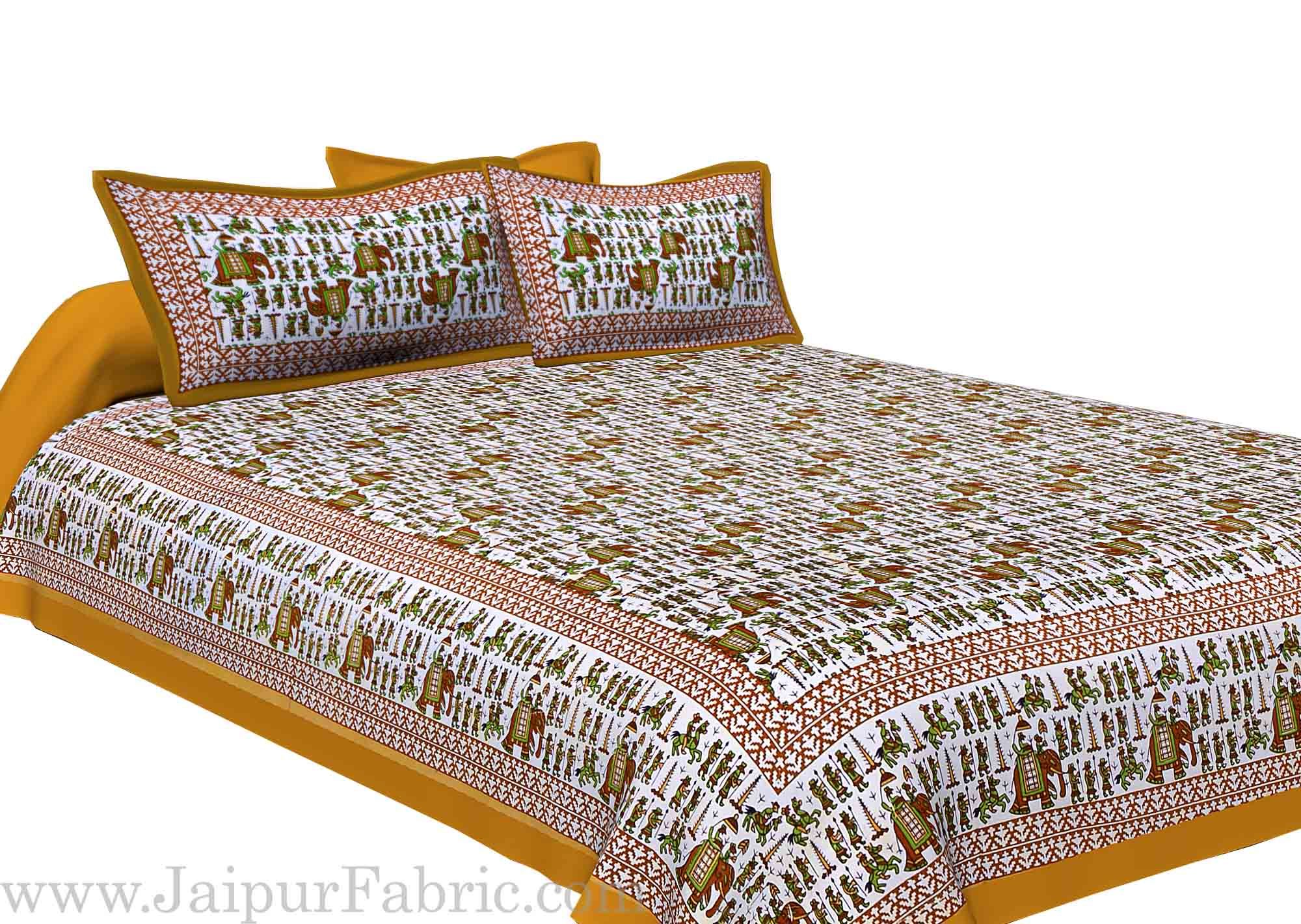 Beige Pastel Color Jaipuri Fat Wedding Print Cotton Double Bed Sheet