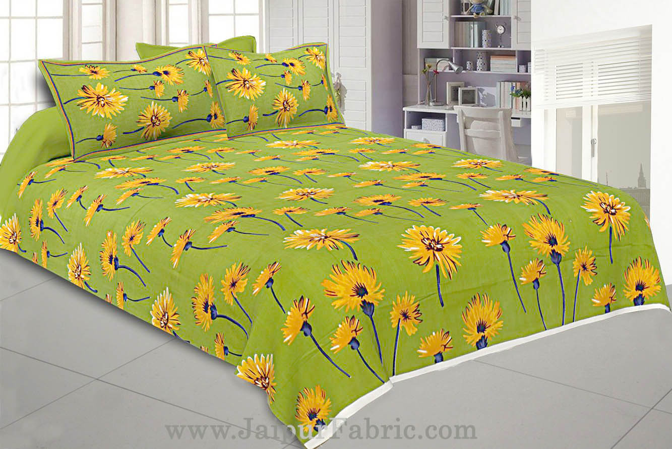 Sun Flower Double Bedsheet Green Color With 2 Pillow covers