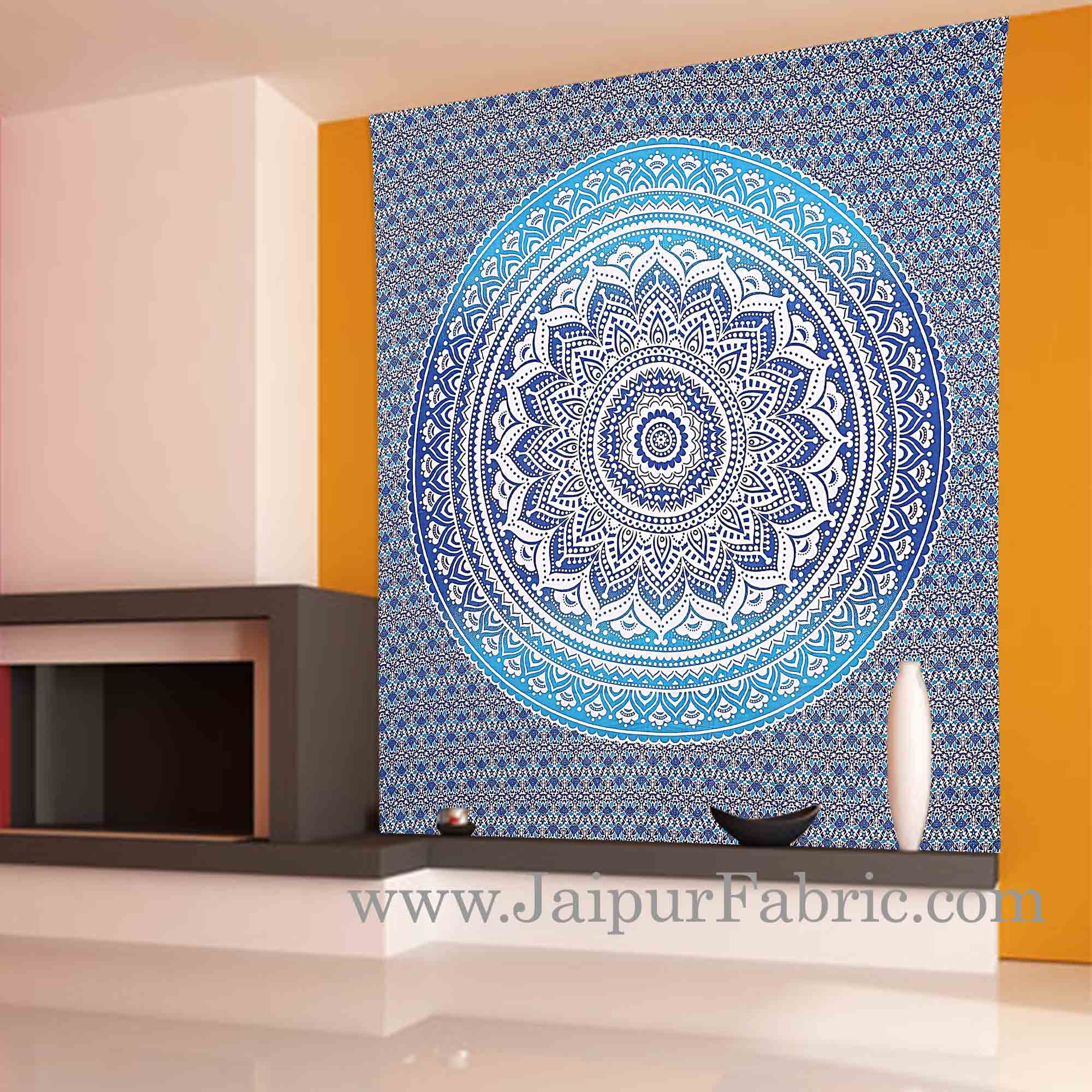 Blue Mandala Tapestry with white hippie indian traditional wall hanging and beach throw