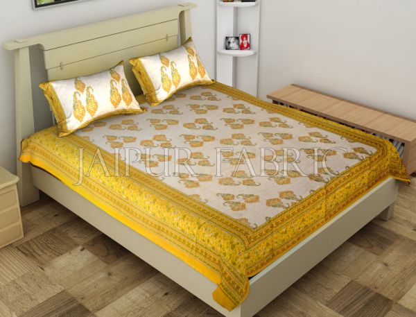 Yellow Border Boteh Printed Cotton Single Bed Sheet
