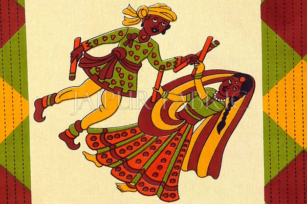Cream Base Orange Border Jaipuri Folk Dance Print Cotton Diwan Set