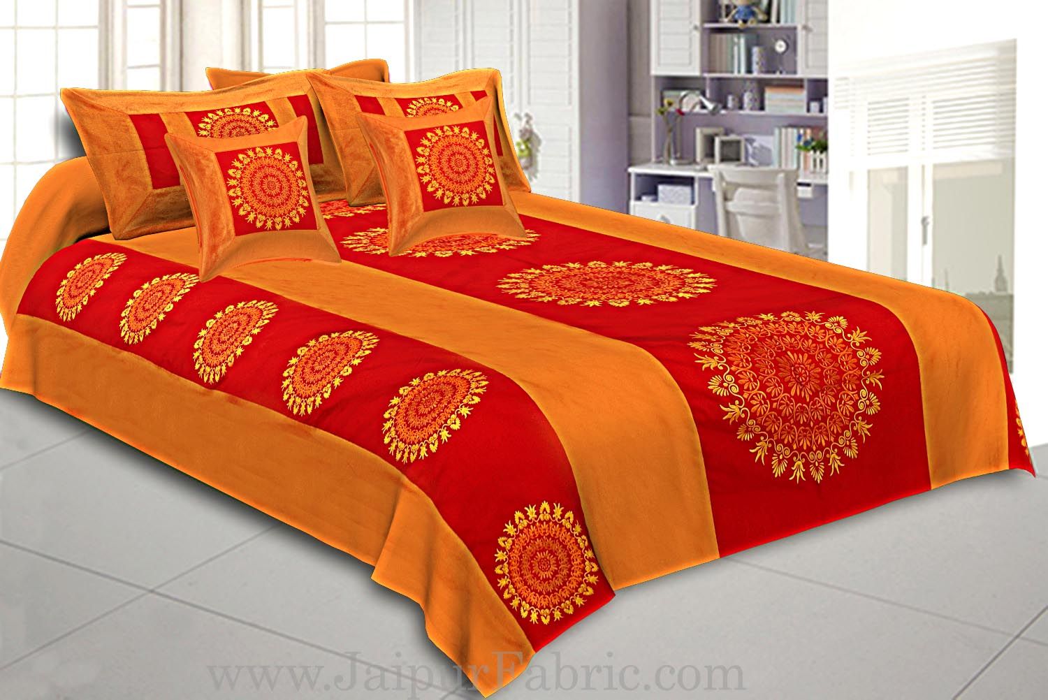 Taffeta Silk  Double Bedsheet With Heavy Embroidery Work Yellow And Red Color