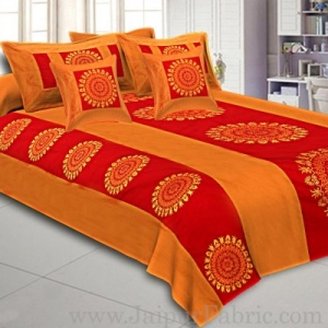Taffeta Silk  Double Bedsheet With Heavy Embroidery Work Yellow And Red Color