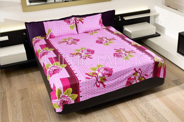 Pink Square Base with Flower Print Cotton Double Bed Sheet