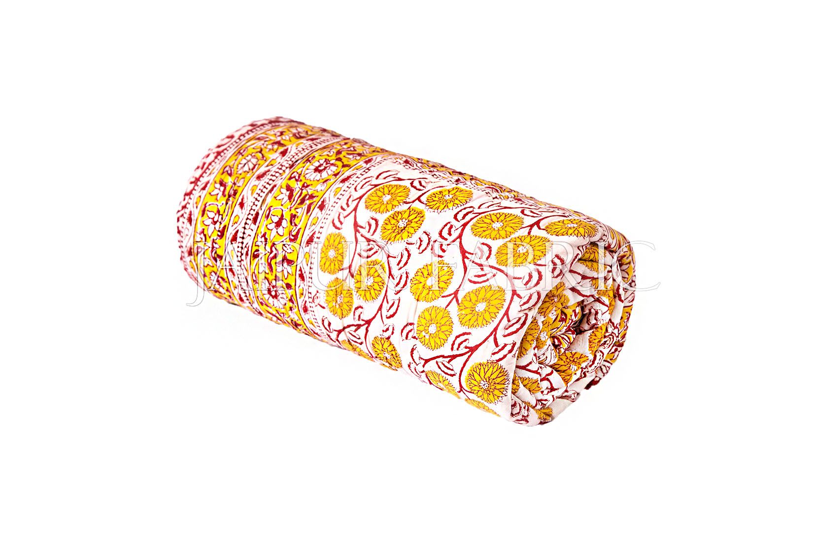 Yellow Floral Print Cotton Handmade Single Bed Jaipuri Quilt