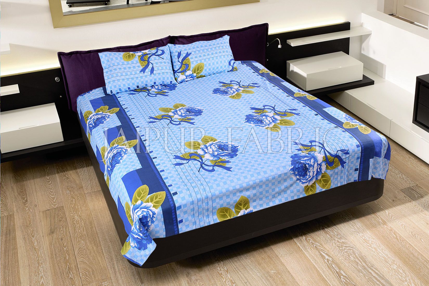 Blue Square Base with Flower Print Cotton Double Bed Sheet