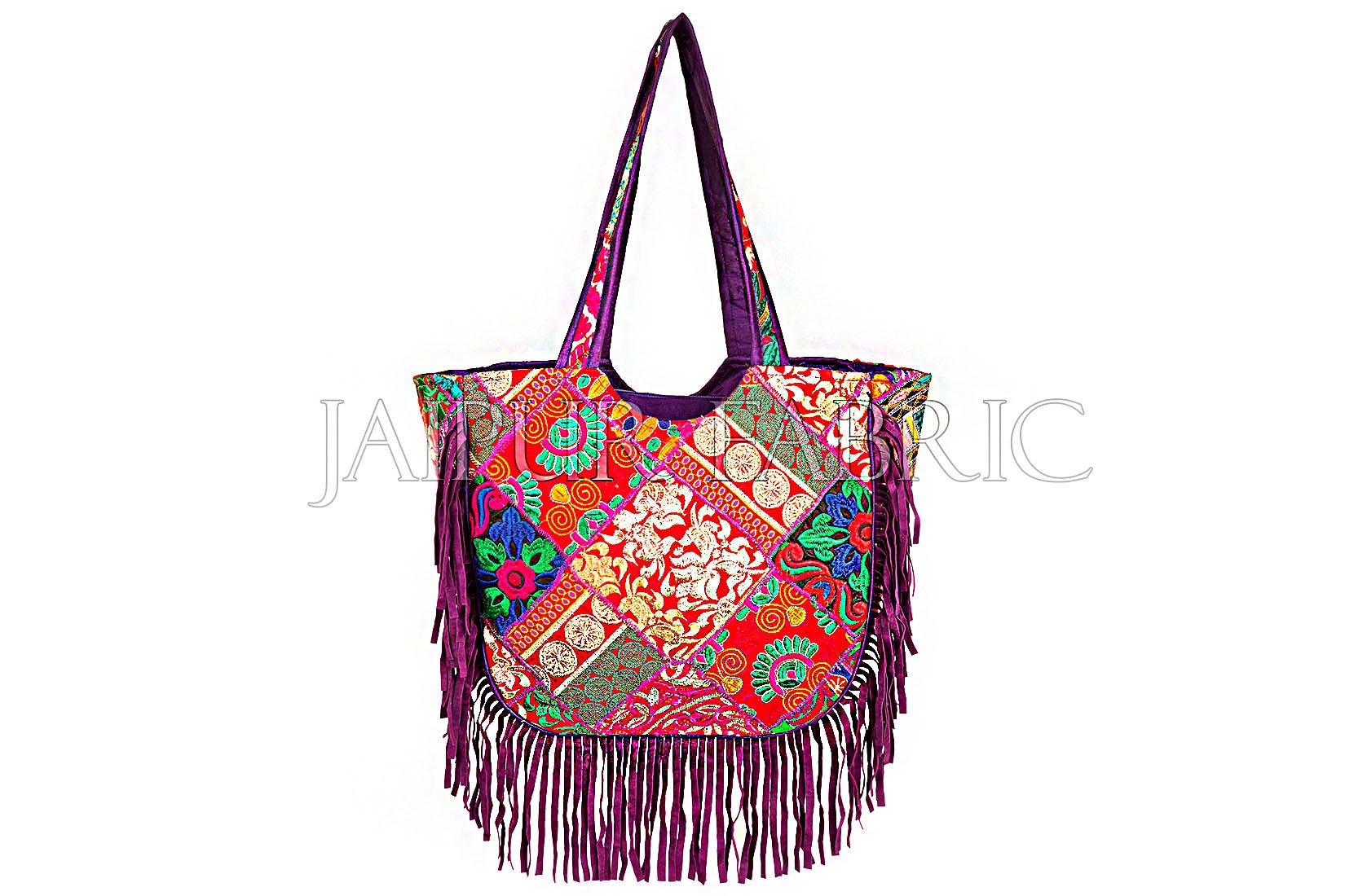 Purple Zari Embroidered With Velvet Fringes Hand Bag