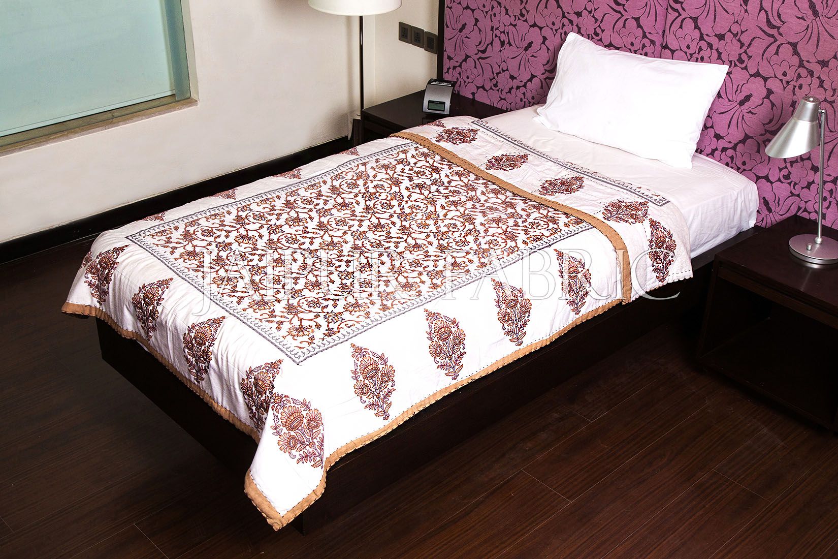 Beige Jaipuri Print Cotton AC Quilt Single Bed Quilt