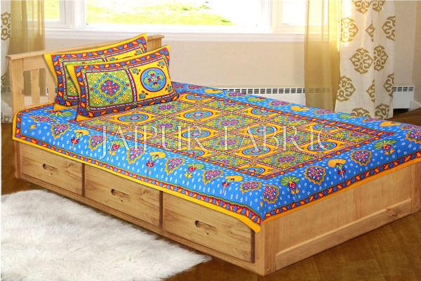 Yellow Royal Jaipuri Print Cotton Single Bed Sheet