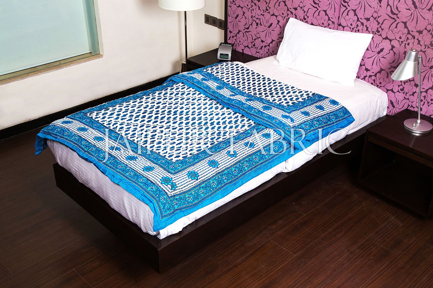 Cyan Leaf Print Cotton Handmade Single Bed Jaipuri Quilt