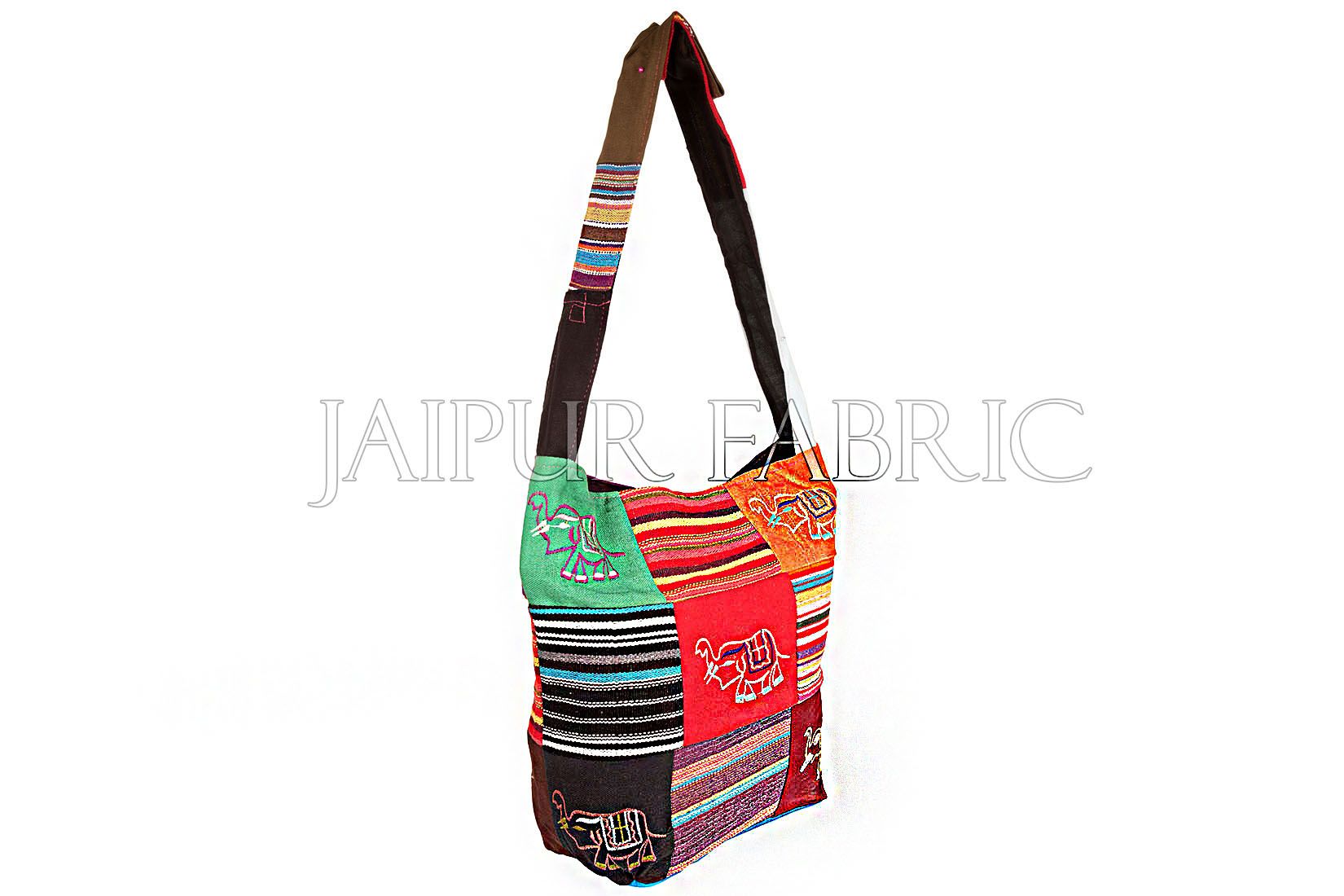Durry Fabric Patchwork With Elephant Embroidered Sling Bag