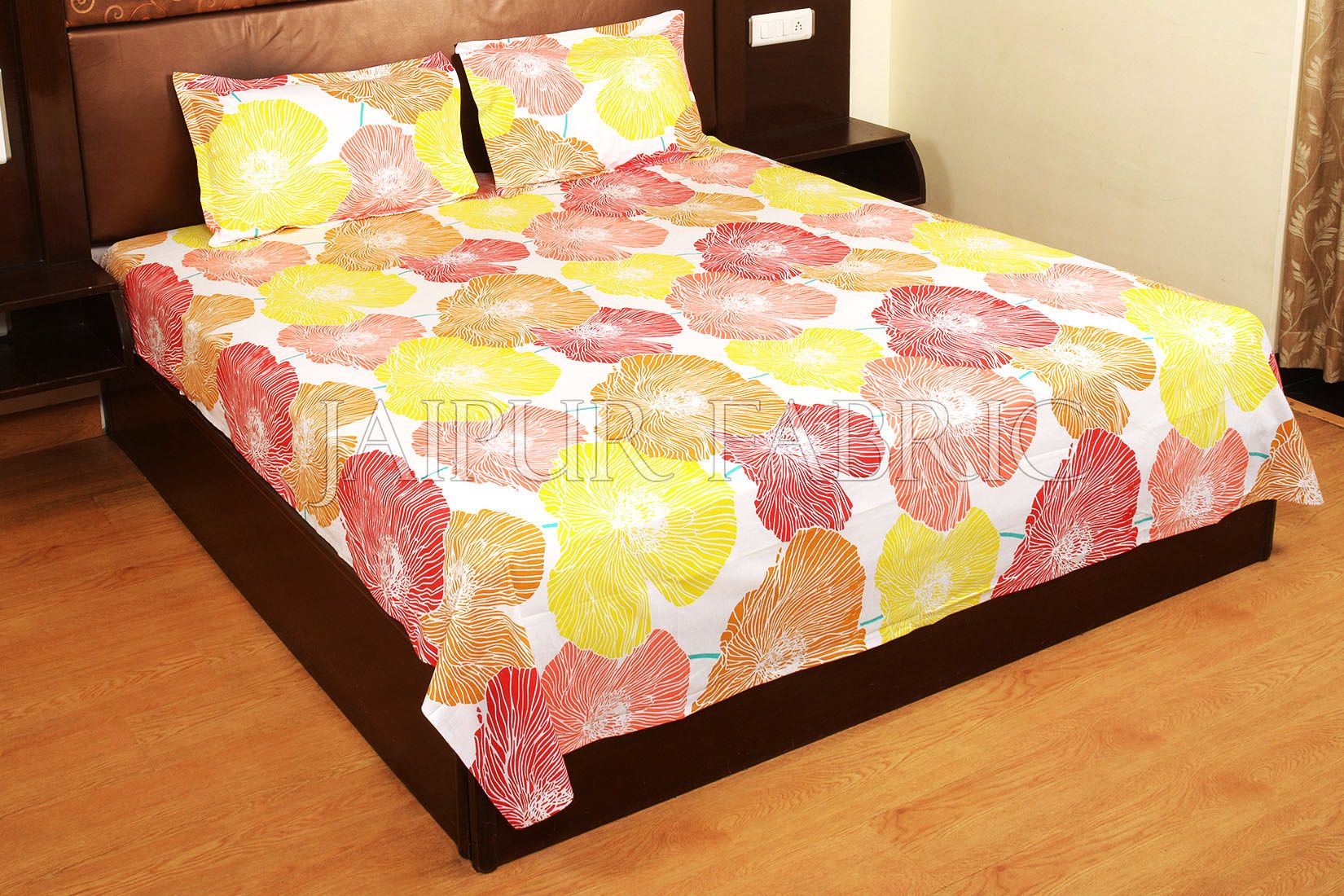 Yellow and Orange Floral Designer Cotton Double Bed Sheet