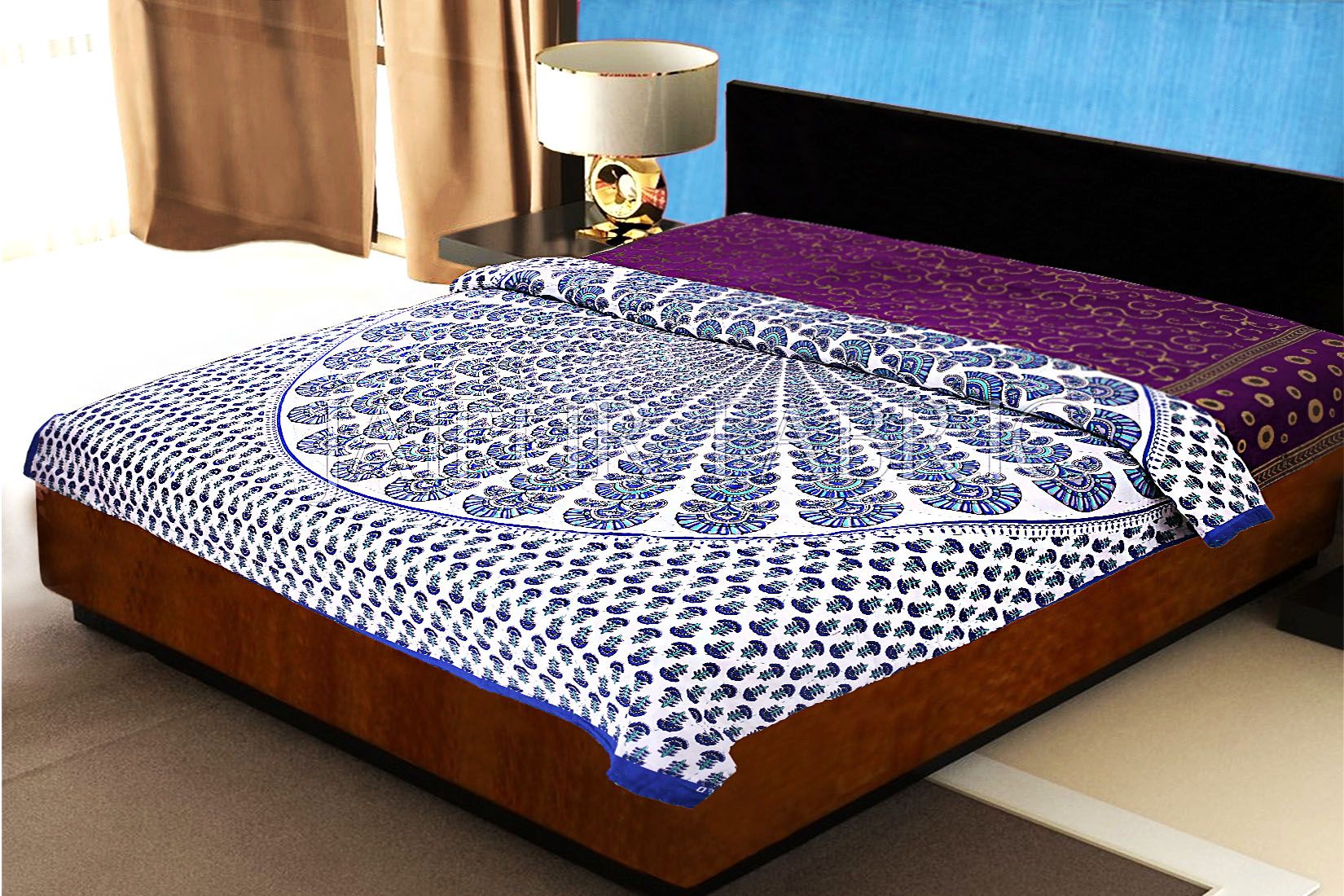 Blue Keri Print Handmade Thread Work Jaipuri Cotton AC Double Bed Quilt