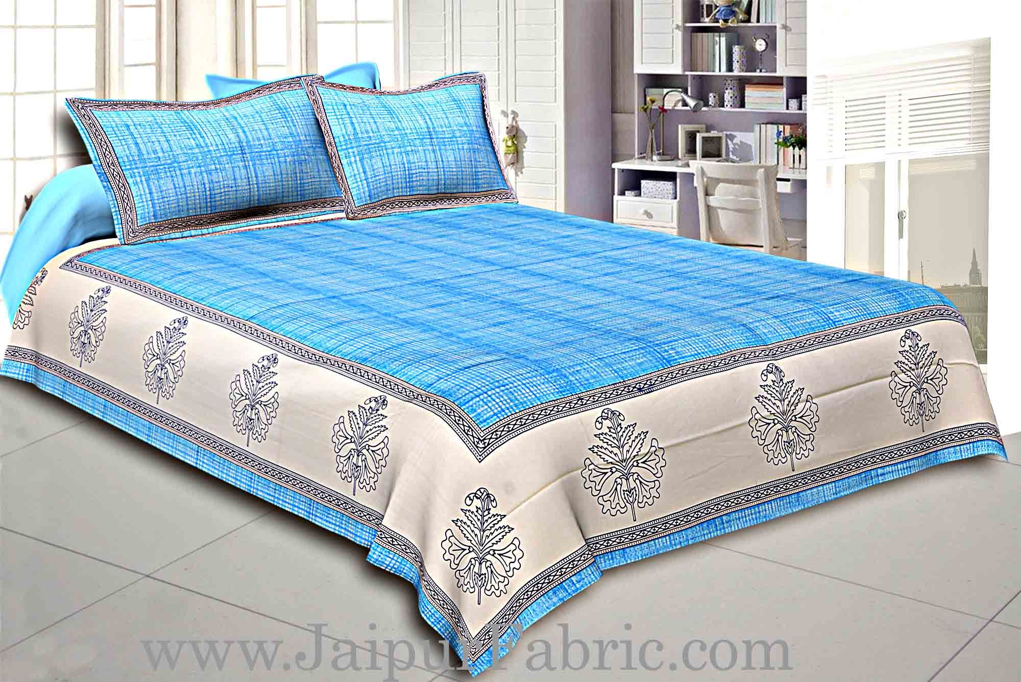 Sky Blue Border With Cream And Blue  Base  Cotton Satin Hand Block Double Bedsheet