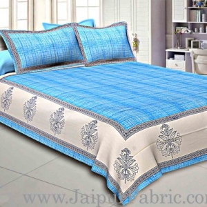 Sky Blue Border With Cream And Blue  Base  Cotton Satin Hand Block Double Bedsheet