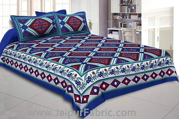 Floral diamonds blue red Double Bedsheet