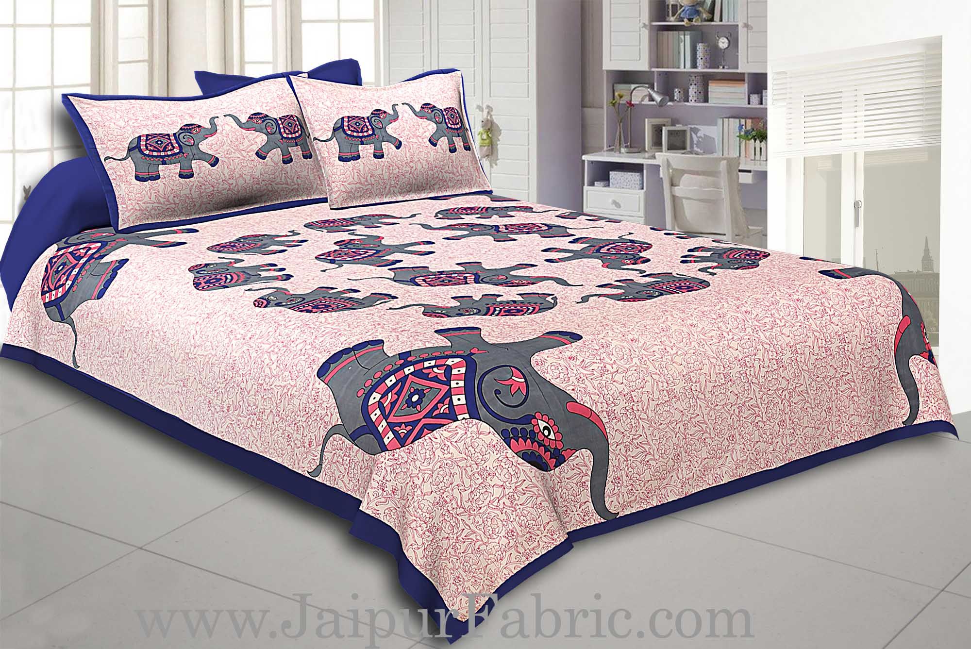 Blue Border Elephant in Round Shape Cotton Double Bedsheet