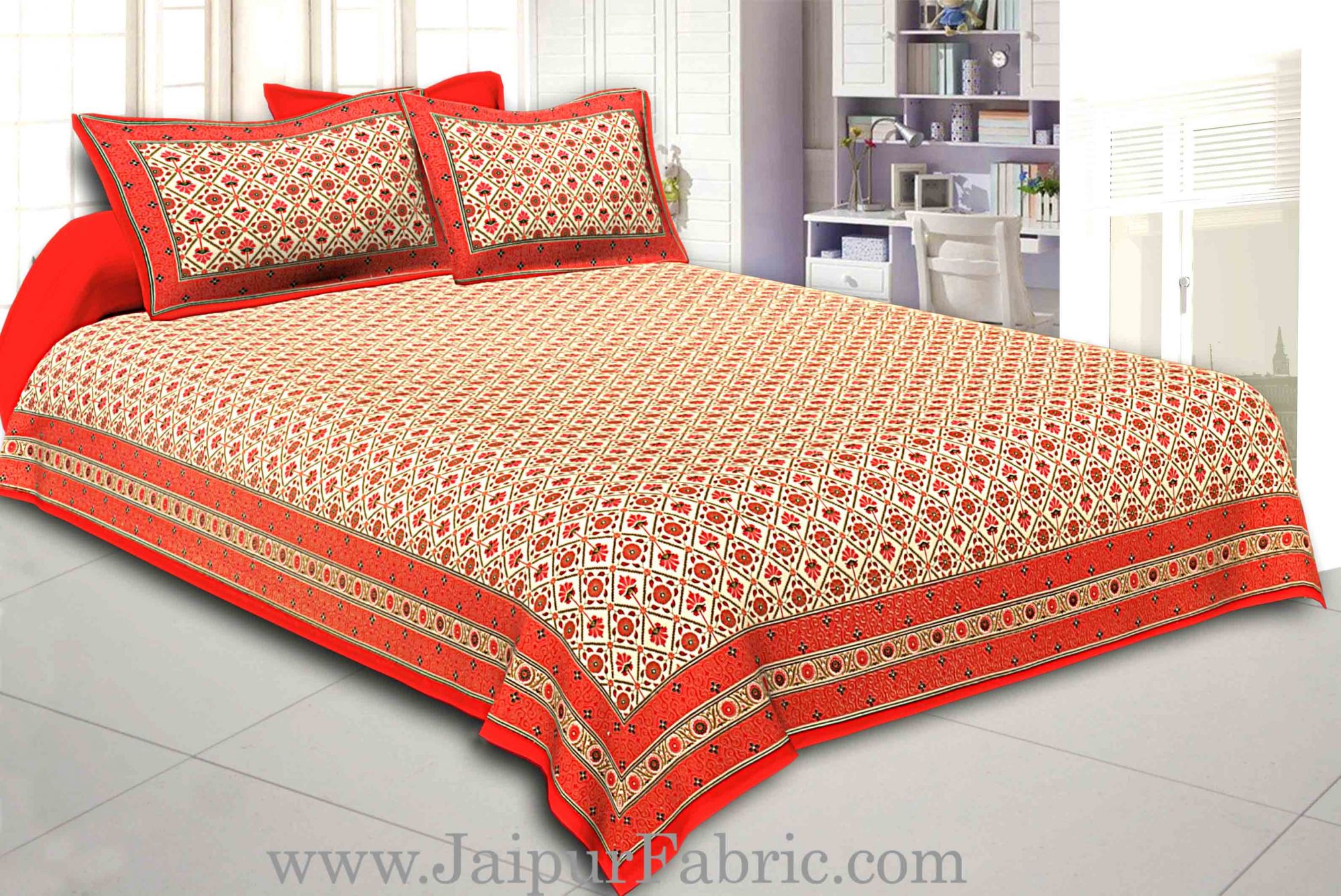 Red Border Multi floral With Golden Print Super Fine Cotton Double Bed Sheet