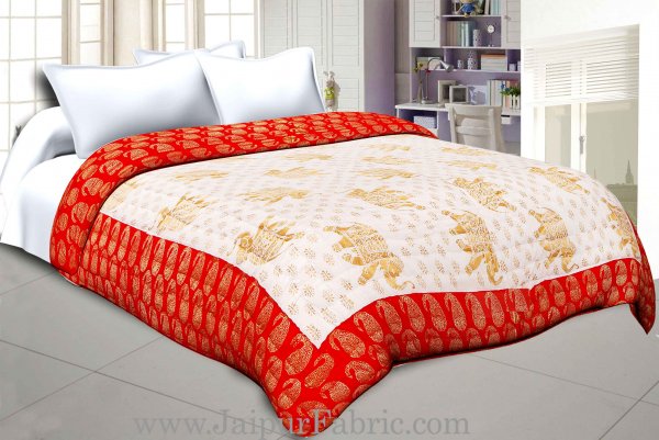 Red Border  Cream Base  With Golden Print Elephant Print Super Fine Cotton Voile(Mulmul) Both Side Printed Cotton Double Bed Quilt
