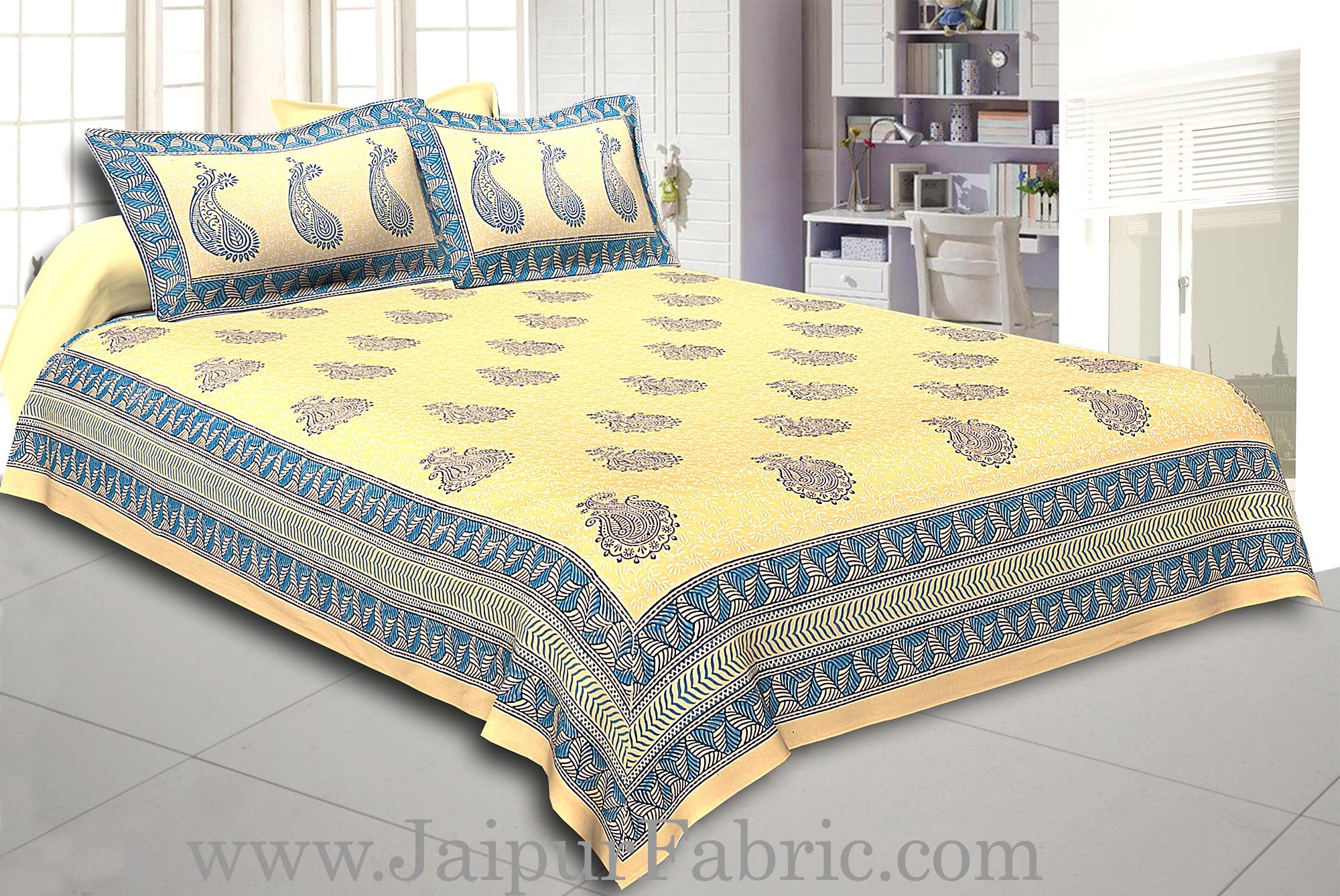 Cream Base Cream  Border Big  Blue Flower With Blue Leaf Pattern Hand Block Print Super Fine Cotton Double Bed Sheet