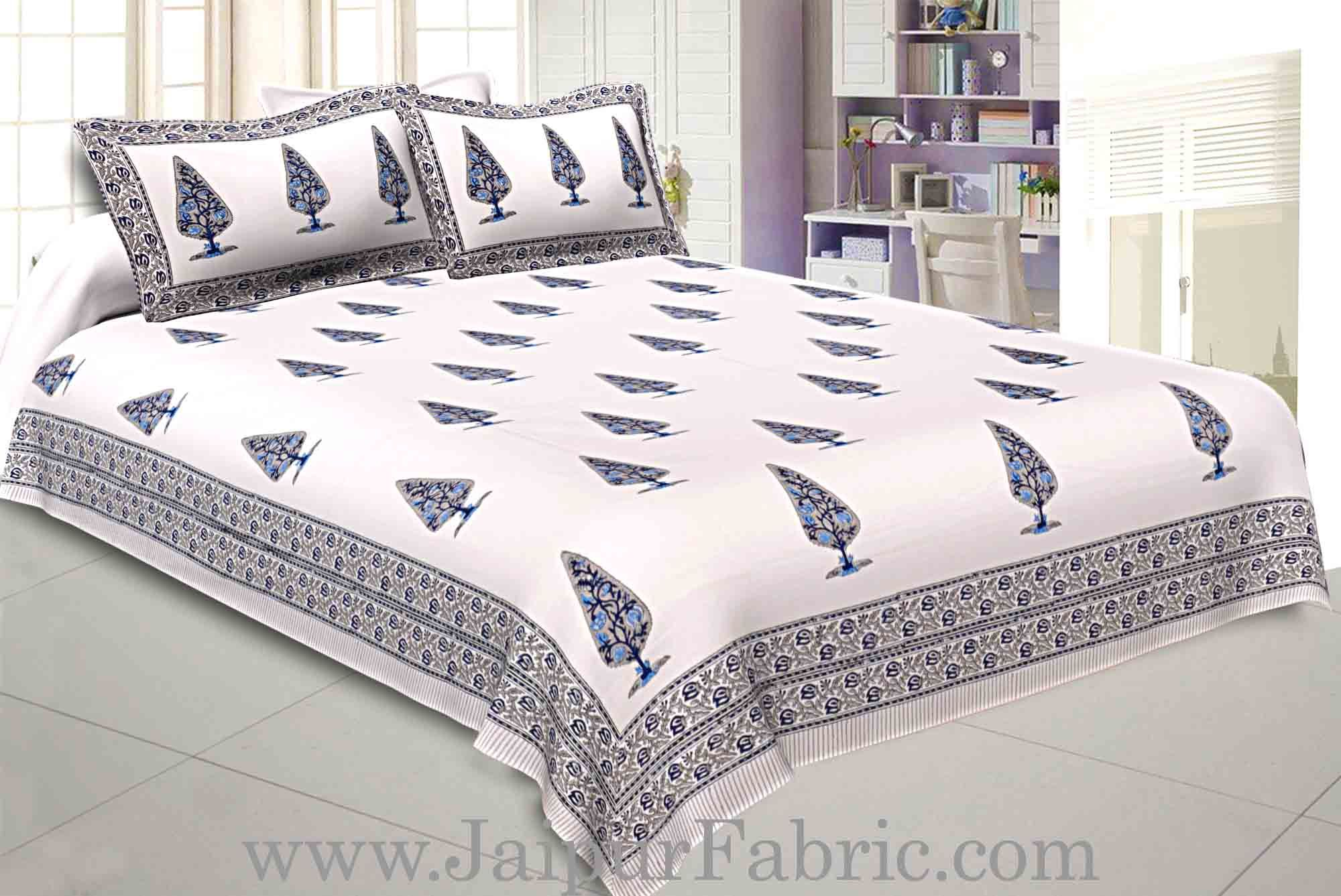 Double Bed Sheet White Base With Grey Kadi Print Multi Tree  Print Super Fine Cotton