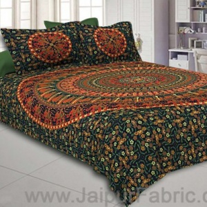 Forest Green Mandala Bedsheet Tapestry Floral Print With 2 Pillow Covers