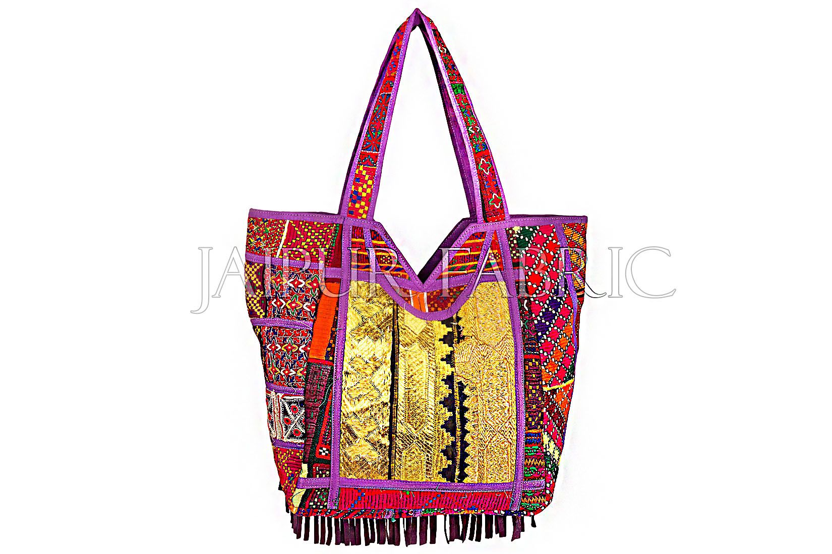 Antique Zari Embroidered Patchwork With Suede Leather Fringes Hand Bag