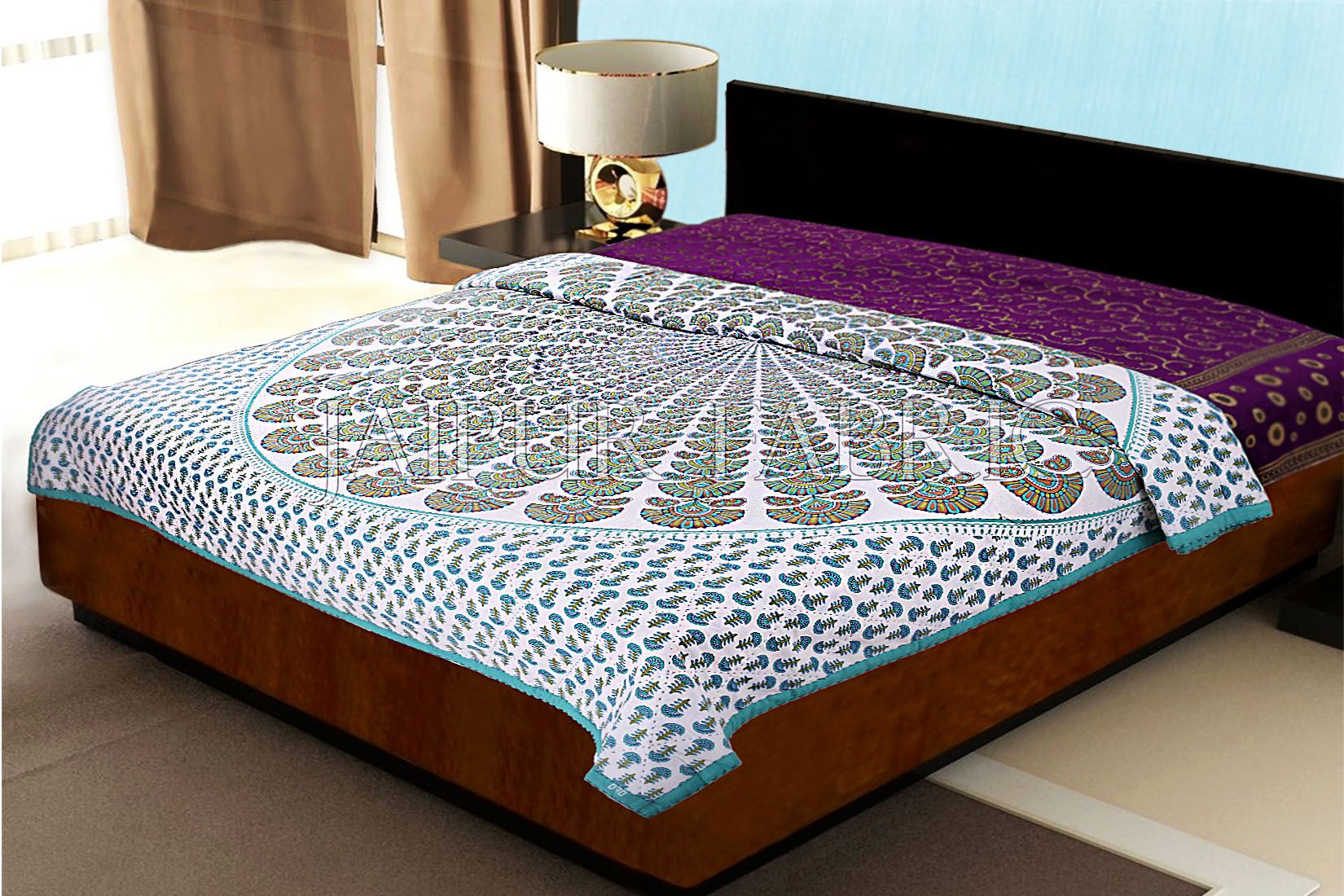 Green Keri Print Handmade Thread Work Jaipuri Cotton AC Double Bed Quilt