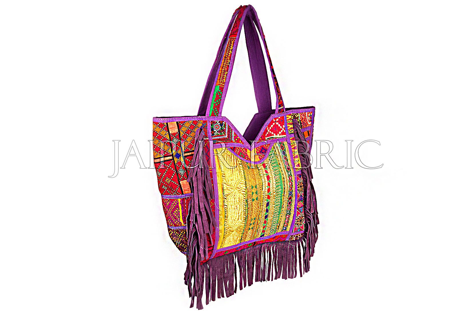 Antique Zari Embroidered Patchwork With Suede Leather Fringes Hand Bag